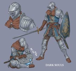 Rule 34 | 1other, ambiguous gender, arizuka (catacombe), armor, belt, boots, brown belt, brown footwear, brown gloves, chosen undead, copyright name, crystal lizard, dark souls (series), dark souls i, full armor, full body, gauntlets, gloves, helm, helmet, highres, holding, holding shield, holding sword, holding weapon, knee boots, knight, pauldrons, shield, shoulder armor, simple background, standing, sword, tickling, tickling stomach, translation request, weapon