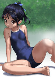 Rule 34 | 1girl, arm support, bare arms, bare legs, bare shoulders, barefoot, black hair, blue one-piece swimsuit, blue ribbon, breasts, brown eyes, commentary request, feet, foot out of frame, furrowed brow, hair ribbon, highres, knee up, looking at viewer, one-piece swimsuit, original, paid reward available, parted lips, ponytail, ribbon, rohitsuka, school swimsuit, shadow, short hair, sitting, small breasts, solo, spread legs, sweatdrop, swimsuit, tareme