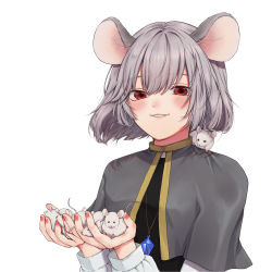 Rule 34 | 1girl, animal, animal ears, blush, capelet, grey hair, hair between eyes, highres, holding, holding animal, jewelry, long sleeves, looking at viewer, mouse (animal), mouse ears, nail polish, nazrin, oshamu, red eyes, red nails, shirt, short hair, simple background, smile, solo, touhou, upper body, white background, white shirt