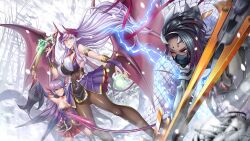 Rule 34 | 00s, 3girls, :&gt;, action taimanin, alternate costume, armor, bare shoulders, bat wings, blush, breastplate, breasts, bridal gauntlets, character request, cleavage, dark-skinned female, dark skin, demon girl, dress, floating hair, gauntlets, holding, holding sword, holding weapon, huge breasts, jewelry, lilim (awoken), lilim (taimanin asagi battle arena), lilith-soft, long hair, looking at another, magic, medium breasts, minasaki (taimanin asagi), multiple girls, navel, official art, open mouth, pointy ears, red eyes, shindol, short shorts, shorts, sky, smile, standing, sword, tail, taimanin (series), taimanin rpgx, teamwork, thighs, twintails, weapon, wings, yellow eyes