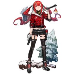 Rule 34 | 1girl, axe, buckle, cz75 (girls&#039; frontline), cz75 (winter forager) (girls&#039; frontline), cz 75, full body, girls&#039; frontline, gloves, gun, handgun, infukun, jacket, jewelry, long hair, looking at viewer, looking down, necklace, official alternate costume, official art, pistol, red eyes, red hair, scowl, shorts, snap-fit buckle, solo, thighhighs, transparent background, tree, trigger discipline, twintails, weapon