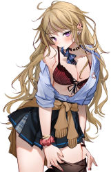 Rule 34 | 1girl, ahoge, black skirt, blonde hair, blue bow, blue shirt, blush, bow, bowtie, bra, bracelet, breasts, brown legwear, buckle, cleavage, closed mouth, clothes around waist, collar, ear piercing, hair ornament, head tilt, jewelry, leaning forward, long hair, looking at viewer, medium breasts, miniskirt, mouth hold, multicolored nails, nail polish, open clothes, open shirt, original, piercing, pleated skirt, purple eyes, red bra, school uniform, scrunchie, shirt, short sleeves, simple background, skirt, smile, solo, striped bra, striped clothes, unaligned breasts, underwear, undressing, unworn bowtie, vertical-striped bra, vertical-striped clothes, very long hair, white background, wrist scrunchie, x hair ornament, xretakex