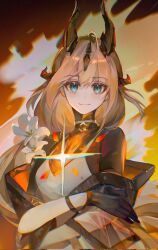 Rule 34 | 1girl, arknights, black coat, black gloves, blue eyes, closed mouth, coat, dragon girl, dragon horns, dress, fiery background, fire, gloves, highres, horns, light in heart, long hair, looking at viewer, mengyou zhi jia gai, off shoulder, official alternate costume, reed (arknights), reed the flame shadow (arknights), smile, solo, upper body, white dress