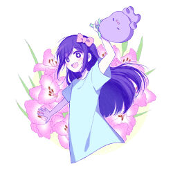 Rule 34 | + +, 1girl, aubrey (headspace) (omori), aubrey (omori), blue shirt, blush, bow, colored skin, hair bow, highres, holding, holding stuffed toy, long hair, looking at viewer, manimarough, omori, open mouth, pink bow, purple eyes, purple hair, shirt, short sleeves, smile, solo, stuffed eggplant, stuffed toy, teeth, upper teeth only, white skin