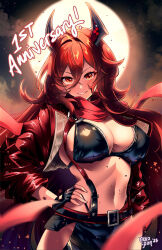 Rule 34 | 1girl, adapted costume, anniversary, bikini, bikini top only, black bikini, black gloves, breasts, cleavage, commentary, cowboy shot, english commentary, fingerless gloves, full moon, gloves, goddess of victory: nikke, groin, hair between eyes, hand on own hip, highres, hip vent, horns, huge moon, jacket, large breasts, latex bikini, leather, leather pants, long hair, long sleeves, looking at viewer, mechanical horns, midriff, moon, navel, nekoponart, night, open clothes, open jacket, pants, parted lips, red hair, red hood (nikke), red scarf, scarf, sidelocks, signature, smile, solo, standing, suspenders, swimsuit, yellow eyes