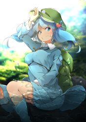 Rule 34 | 1girl, backpack, bag, blouse, blue eyes, blue footwear, blue hair, blue shirt, blunt bangs, blurry, bokeh, boots, breasts, collared shirt, day, depth of field, flanvia, green hat, hair bobbles, hair ornament, hat, highres, kawashiro nitori, key, large breasts, long sleeves, looking at viewer, outdoors, partially submerged, partially underwater shot, rock, rubber boots, shirt, sitting, sitting on rock, solo, spread legs, sunlight, thighs, touhou, two side up, underwater, water drop, white shirt