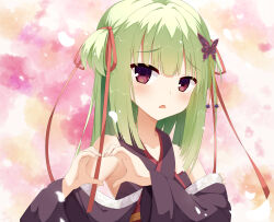 Rule 34 | 1girl, absurdres, bare shoulders, black kimono, blunt bangs, blunt ends, blush, chestnut mouth, chinese commentary, commentary, criss-cross halter, fog. (pixiv26875950), green hair, hair ribbon, halterneck, hands up, heart, heart hands, highres, hime cut, japanese clothes, kimono, long hair, long sleeves, looking at viewer, murasame (senren), open mouth, pink background, red eyes, red ribbon, ribbon, senren banka, shy, sidelocks, simple background, solo, two side up, upper body, wide sleeves