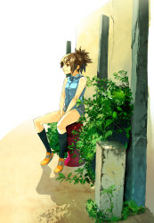 Rule 34 | 1girl, between thighs, brown eyes, brown hair, laio, looking away, original, short hair, short ponytail, shorts, sitting, smile, solo, v arms
