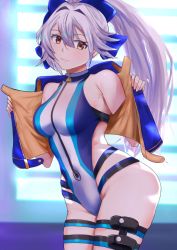 Rule 34 | 1girl, araimooah, blue bow, blue jacket, blue one-piece swimsuit, bow, breasts, competition swimsuit, fate/grand order, fate (series), hair between eyes, hair bow, highleg, highleg swimsuit, jacket, large breasts, long hair, looking at viewer, one-piece swimsuit, open clothes, open jacket, ponytail, red eyes, short sleeves, silver hair, smile, solo, swimsuit, thigh strap, thighs, tomoe gozen (fate), tomoe gozen (swimsuit saber) (fate), two-tone swimsuit, white one-piece swimsuit