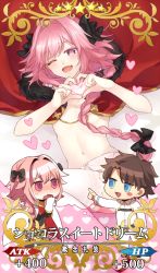 Rule 34 | 2boys, ;d, astolfo (fate), blue eyes, blush, blush stickers, bow, braid, brown hair, cape, card (medium), card parody, chibi, craft essence (fate), fate/apocrypha, fate/grand order, fate (series), fujimaru ritsuka (male), gloves, hair bow, hair intakes, heart, heart-shaped pupils, heart background, heart hands, kan&#039;yu (citron 82), lingerie, long hair, looking at viewer, male focus, multiple boys, navel, on bed, one eye closed, open mouth, pink background, pink eyes, pink hair, pointing, ponytail, riyo (lyomsnpmp) (style), short hair, simple background, single braid, smile, star (symbol), symbol-shaped pupils, thighhighs, thought bubble, trap, underwear, uniform, white gloves, white legwear, yaoi