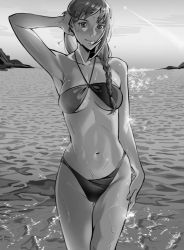 Rule 34 | 1girl, aa2mee, aircraft, airplane, bikini, braid, breasts, chainsaw man, greyscale, looking at viewer, makima (chainsaw man), monochrome, navel, ocean, ringed eyes, swimsuit, water, wet