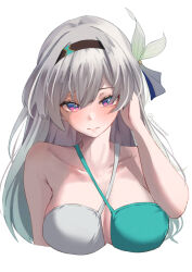 Rule 34 | 1girl, alternate costume, bare shoulders, bikini, blue pupils, breasts, closed mouth, collarbone, criss-cross halter, cropped torso, firefly (honkai: star rail), gradient hair, grey hair, hair ornament, halterneck, hand up, honkai: star rail, honkai (series), large breasts, light smile, looking at viewer, multicolored hair, pink eyes, purple eyes, solo, swimsuit, twitter username, two-tone bikini, two-tone eyes, upper body, white background, yumenoakagi