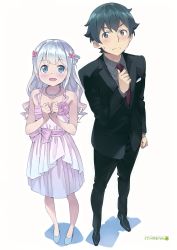 Rule 34 | 1boy, 1girl, absurdres, bead necklace, beads, blue eyes, blue hair, bow, brother and sister, business suit, dress, eromanga sensei, formal, full body, gradient dress, grey eyes, hair bow, hands up, highres, izumi masamune, izumi sagiri, jewelry, kanzaki hiro, long hair, looking at viewer, necklace, open mouth, scan, siblings, silver hair, simple background, smile, standing, suit, white background, white dress