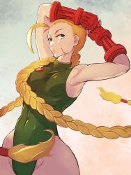 Rule 34 | 1girl, ahoge, arms up, blonde hair, blue eyes, braid, cammy white, commentary, cowboy shot, curvy, facial scar, fingerless gloves, gloves, green leotard, highleg, highleg leotard, highres, huge ahoge, leotard, long hair, looking at viewer, red gloves, scar, scar on cheek, scar on face, street fighter, street fighter ii (series), thong leotard, twin braids, twintails, very long hair, wide hips, yuenibushi