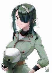 Rule 34 | 1girl, belt, black gloves, black hair, brown belt, gloves, green jacket, hair over one eye, hair over shoulder, hat, headgear, jacket, kantai collection, kimura shiki, kumano maru (kancolle), long hair, looking at viewer, military jacket, military uniform, one-hour drawing challenge, red eyes, simple background, solo, uniform, upper body, white background, white hat