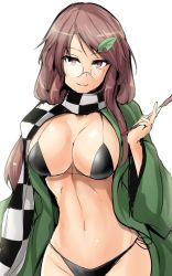 Rule 34 | 1girl, bikini, black bikini, breasts, brown eyes, brown hair, checkered clothes, checkered scarf, cleavage, closed mouth, cowboy shot, futatsuiwa mamizou, futatsuiwa mamizou (human), glasses, highres, japanese clothes, kiseru, large breasts, leaf, leaf on head, long hair, long sleeves, looking at viewer, one-hour drawing challenge, open clothes, pince-nez, smoking pipe, scarf, side-tie bikini bottom, smile, solo, swimsuit, touhou, wide sleeves, y2