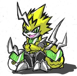 Rule 34 | bibimon, claws, digimon, digimon (creature), dokimon, evolutionary line, fangs, green eyes, looking at viewer, pulsemon, shadow, yellow eyes
