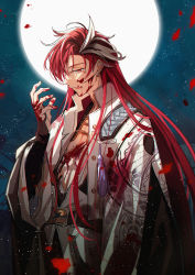 Rule 34 | 1boy, alternate hairstyle, belt, black gloves, black hair, bleeding, blood, blood on chest, blood on clothes, blood on face, blood on hands, closed mouth, commentary request, dragon print, earrings, eyebrow cut, fate/grand order, fate (series), full moon, gloves, hair down, highres, injury, jacket, japanese clothes, jewelry, light particles, long hair, long sleeves, looking at viewer, male focus, moon, moonlight, multicolored hair, night, night sky, official alternate hairstyle, pectoral cleavage, pectorals, red eyes, red hair, sky, smile, solo, streaked hair, takasugi shinsaku (fate), tassel, underpec, upper body, white hair, white jacket, zerocastle