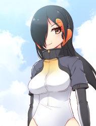 Rule 34 | 10s, 1girl, black hair, blue background, blue sky, blush, breasts, brown eyes, closed mouth, cloud, day, elbow gloves, gloves, grey gloves, hair over one eye, headphones, kemono friends, king penguin (kemono friends), leotard, looking at viewer, medium breasts, multicolored hair, one eye covered, outdoors, short sleeves, sky, smile, solo, standing, streaked hair, totokichi, white leotard