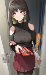 Rule 34 | 1girl, :/, absurdres, bag, black hair, black pantyhose, black sweater, blue nails, box, box of chocolates, bread, breasts, brown eyes, closed mouth, clothing cutout, colored inner hair, commentary, doorway, earrings, english commentary, food, gift, green hair, groceries, grocery bag, highres, holding, holding box, holding gift, incoming gift, jewelry, large breasts, looking at viewer, medium hair, miru (ormille), mole, mole under eye, multicolored hair, nail polish, original, ormille, pantyhose, pov, red skirt, shopping bag, shoulder cutout, skirt, solo, sweater, valentine