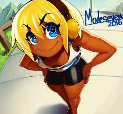 Rule 34 | 1girl, ami dixie, barefoot, bike shorts, blonde hair, blue eyes, breasts, cleavage, dark-skinned female, dark skin, downblouse, eyebrows, female focus, fisheye, hands on own hips, headphones, looking at viewer, modeseven, no nose, original, short hair, shorts, small breasts, smile, solo, striped, tank top