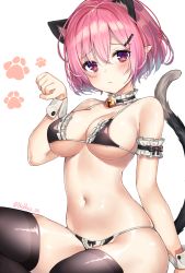 Rule 34 | 1girl, alternate costume, animal ears, arm garter, bare arms, bare shoulders, bell, bikini, black bikini, black thighhighs, blush, breasts, cat ears, cat girl, cat tail, choker, cleavage, closed mouth, enmaided, frilled choker, frills, frown, hair ornament, hairclip, hand up, jingle bell, large breasts, looking at viewer, lucid (maplestory), maid, maid bikini, maplestory, navel, neck bell, paw pose, pink hair, pointy ears, purple eyes, short hair, sidelocks, simple background, sitting, skindentation, solo, stomach, swimsuit, tail, thighhighs, thighs, twitter username, unconventional maid, white background, wrist cuffs, yaya (yayaa 00)