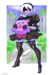 Rule 34 | alien, black blindfold, black dress, black footwear, black gloves, blindfold, blue eyes, boots, crossover, dress, gloves, grass, high heel boots, high heels, highres, holding, juliet sleeves, kirby, kirby (series), kirby and the forgotten land, long sleeves, mole, mole under mouth, nier (series), nier:automata, nintendo, oomasa teikoku, puffy sleeves, short hair, smile, sweatdrop, thigh boots, thighhighs, white hair, 2b (nier:automata)