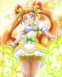 Rule 34 | 1girl, bike shorts, blunt bangs, bow, brooch, brown hair, clover earrings, commentary request, cure rosetta, dokidoki! precure, double bun, dress, earrings, energy barrier, energy shield, flower, fur collar, green bow, hair bun, hair flower, hair ornament, hanzou, heart, heart brooch, highres, jewelry, leg up, light particles, long hair, looking at viewer, magical girl, open mouth, precure, puffy short sleeves, puffy sleeves, shoes, short dress, short sleeves, shorts, shorts under dress, smile, solo, sparkle, standing, standing on one leg, thigh gap, twintails, white footwear, yellow dress, yellow eyes, yellow shorts, yotsuba alice