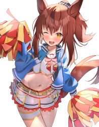 aa44 alternate_costume alternate_hairstyle animal_ears belt brown_eyes collarbone hair_between_eyes highres horse_ears horse_tail midriff navel nice_nature_(run&amp;win)_(umamusume) nice_nature_(umamusume) one_eye_closed open_mouth pom_pom_(clothes) red_hair simple_background sweat tail umamusume white_background