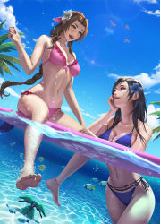 Rule 34 | 2girls, aerith gainsborough, angelfish, anklet, arm rest, barefoot, beach, bikini, bird, black hair, braid, braided ponytail, breasts, brown hair, bubble, caustics, cloud, cloudy sky, commentary, costa del sol, day, english commentary, feet, final fantasy, final fantasy vii, final fantasy vii remake, fish, flower, green eyes, hair flower, hair ornament, hair ribbon, highres, jewelry, jpeg artifacts, long hair, looking at another, medium breasts, multiple girls, navel, nibelart, open mouth, palm tree, partially submerged, partially underwater shot, red eyes, ribbon, sand, seagull, signature, sitting, sky, soles, square enix, summer, surf, swimming, swimsuit, teeth, tifa lockhart, toes, tree, underwater, upper teeth only, water, wet