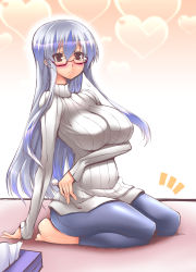 Rule 34 | 1girl, alternate costume, barefoot, bespectacled, blue hair, blush, breasts, casual, contemporary, covered erect nipples, denim, feet, female focus, glasses, heart, highres, jeans, kamishirasawa keine, lap pillow invitation, large breasts, long hair, mimikaki, multicolored hair, no headwear, oohira sansetto, oohira sunset, pants, ribbed sweater, seiza, sitting, solo, sweater, touhou, two-tone hair, very long hair