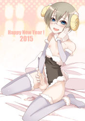Rule 34 | 10s, 1boy, 2015, androgynous, animal costume, bed sheet, blush, censored, clothing aside, commentary request, crossdressing, cum, detached sleeves, erection, eyelashes, eyeshadow, glasses, hand on own cheek, hand on own face, happy new year, highres, horns, kinta (kinta no mousou), leotard, leotard aside, lips, lipstick, looking at viewer, makeup, male focus, male masturbation, masturbation, mosaic censoring, new year, nipples, no shoes, open mouth, original, penis, pillow, sheep costume, sheep horns, sitting, smile, solo, testicles, thighhighs, trap, wariza