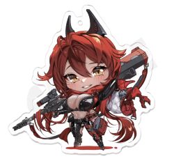 Rule 34 | 1girl, anti-materiel rifle, black gloves, blush, breasts, brown eyes, bullpup, chaps, chibi, cleavage, crop top, cropped jacket, fingerless gloves, full body, gloves, goddess of victory: nikke, grin, gun, hair between eyes, headgear, highres, hii (motorholic), holding, holding clothes, holding jacket, holding weapon, horns, jacket, large breasts, long hair, looking at viewer, mechanical horns, midriff, navel, red hair, red hood (nikke), red jacket, red scarf, rifle, scarf, simple background, smile, sniper rifle, solo, very long hair, weapon, white background