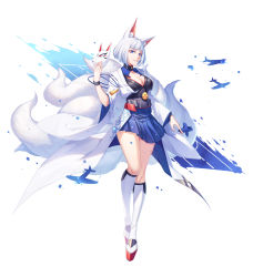 Rule 34 | 1girl, aircraft, airplane, animal ear fluff, animal ears, ayan, azur lane, blue eyes, blue skirt, blunt bangs, blush, breasts, cleavage, fire, flight deck, fox ears, fox mask, fox tail, full body, grin, highres, holding, holding mask, japanese clothes, kaga (azur lane), kimono, kneehighs, large breasts, long hair, looking at viewer, mask, multiple tails, pleated skirt, rudder footwear, shikigami, short hair, sidelocks, simple background, skirt, smile, socks, solo, tail, white background, white hair, white kimono, white socks, wide sleeves