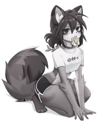 Rule 34 | 1girl, animal ear fluff, animal ears, bitterk4t, black eyes, black hair, body fur, bone hair ornament, cat ears, cat tail, claws, collar, crop top, dolphin shorts, female focus, fish bone, furry, furry female, grey fur, hair between eyes, hair ornament, highres, kneeling, mouth hold, original, shorts, simple background, solo, spiked collar, spikes, tail, white background, x hair ornament