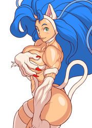 Rule 34 | 1girl, animal ears, animal hands, aqua eyes, ass, big hair, blue hair, blush, bos, breasts, capcom, cat ears, cat girl, cat tail, claws, cleavage, covering breasts, covering privates, curvy, felicia (vampire), fur, green eyes, huge ass, large breasts, long hair, looking back, muscular, muscular female, profile, shiny skin, sideboob, simple background, smile, solo, standing, tail, vampire (game), very long hair, yamamiya hiroshi