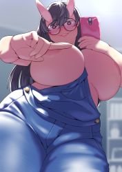 Rule 34 | 1girl, areola slip, artist request, blush, breasts, cellphone, covered erect nipples, glasses, heart, heart-shaped pupils, horns, huge breasts, naked overalls, nipples, oni, oni horns, original, overalls, phone, pointy ears, selfie, short eyebrows, smartphone, smile, solo, sweat, symbol-shaped pupils, thick thighs, thighs, underboob