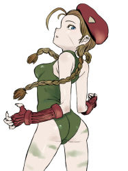 Rule 34 | 1girl, ahoge, antenna hair, ass, bare shoulders, beret, blue eyes, braid, brown hair, cammy white, capcom, fingerless gloves, fingernails, gloves, hat, kusada, leotard, long fingernails, looking back, nail, scar, simple background, sleeveless, solo, street fighter, tattoo, twin braids, twintails, white background