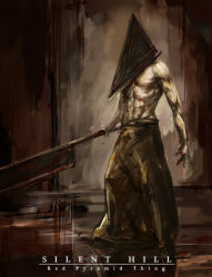 Rule 34 | 1boy, abs, blood, cosplay, dark, hage2013, helmet, male focus, manly, muscular, pyramid head, silent hill, silent hill (movie), silent hill (series), silent hill 2, solo, sword, topless male, weapon