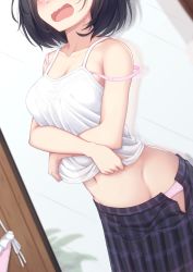 Rule 34 | 1girl, absurdres, bad id, bad twitter id, bare arms, bare shoulders, black hair, blush, bra, breasts, clothes lift, clothes pull, collarbone, commentary request, head out of frame, highres, large breasts, long skirt, navel, ochiai miyabi, open mouth, original, panties, pink bra, pleated skirt, shirt, shirt lift, shirt pull, short hair, skirt, solo, standing, underwear, white panties, white shirt