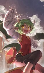 Rule 34 | 1girl, absurdres, brown pants, china dress, chinese clothes, clenched hand, draco centauros, dragon tail, dress, fang, foreshortening, glint, gloves, green hair, highres, horns, looking at viewer, moca suzuka, open mouth, pants, puyopuyo, red dress, short hair, side slit, solo, tail, white gloves, wings, yellow eyes