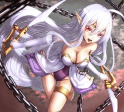 Rule 34 | 1girl, breasts, bridal gauntlets, chain, circlet, cleavage, collarbone, detached sleeves, artistic error, free note017, grey hair, groin, holding, holding sword, holding weapon, langrisser, langrisser mobile, large breasts, leotard, long hair, looking at viewer, open mouth, pointy ears, purple leotard, red eyes, solo, sword, very long hair, weapon, white hair, wrong foot, zerida