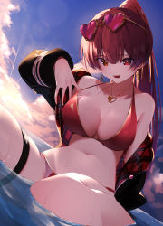 Rule 34 | 1girl, absurdres, arrow through heart, bikini, black jacket, breasts, cloud, earrings, eyewear on head, gold earrings, gold necklace, heart, heart-shaped eyewear, heart earrings, heart necklace, heterochromia, highres, hololive, houshou marine, houshou marine (summer), jacket, jewelry, large breasts, looking at viewer, mikaku, navel, necklace, off shoulder, open mouth, orange eyes, outdoors, ponytail, pulling own clothes, red bikini, red hair, single bare shoulder, sitting, sky, soaking feet, solo, stomach, strap pull, sunset, swimsuit, thigh strap, two-sided fabric, two-sided jacket, virtual youtuber, water, wet
