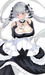 Rule 34 | 1girl, absurdly long hair, absurdres, azur lane, bare shoulders, between breasts, black dress, black nails, breasts, cleavage, clothing cutout, dress, earrings, formidable (azur lane), frilled dress, frills, grey hair, hand on own chest, highres, jewelry, kisahipi, large breasts, long hair, looking at viewer, nail polish, necktie, necktie between breasts, pantyhose, red eyes, shoulder cutout, simple background, solo, two-tone dress, two-tone ribbon, very long hair, white background, white pantyhose