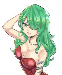 Rule 34 | 1girl, bare shoulders, breasts, cleavage, collarbone, dress, green eyes, green hair, hair over one eye, highres, jewelry, large breasts, long hair, mashima hiro, matching hair/eyes, necklace, official art, rave, red dress, reina (rave), solo