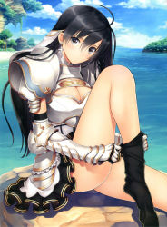 Rule 34 | absurdres, armor, black hair, black legwear, braid, breasts, cleavage, cleavage cutout, clothing cutout, cross, cross earrings, day, earrings, hair between eyes, highres, jewelry, long hair, miniskirt, outdoors, shining (series), shining resonance, shining resonance collection of visual materials, sitting, skirt, solo, sonia blanche, tony taka, very long hair
