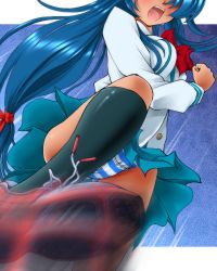Rule 34 | 1girl, blue hair, blush, chidori kaname, dr rex, full metal panic!, head out of frame, kicking, long hair, low-tied long hair, open mouth, panties, pantyshot, school uniform, shoes, solo, striped clothes, striped panties, text focus, translation request, underwear