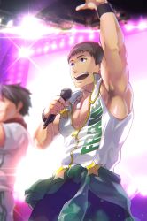Rule 34 | 2boys, 8 (yamalu), akuno hideo, arm up, clothes around waist, dog tags, frame (idolmaster), idol, idolmaster, idolmaster side-m, jacket, jacket around waist, male focus, microphone, multiple boys, muscular, open mouth, pectorals, popped collar, purple eyes, shingen seiji, sleeveless, smile, solo focus, stage lights, starting brighty, wristband, zipper pull tab