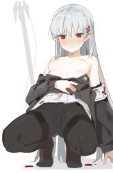 Rule 34 | 1girl, absurdres, arknights, armband, black jacket, black pantyhose, blood, blush, braid, breasts, commentary request, commission, crown braid, detached sleeves, dress, embarrassed, french braid, full body, hair between eyes, hair ornament, highres, jacket, long hair, long sleeves, nipples, open clothes, pale skin, pantyhose, partial commentary, pointy ears, red eyes, sidelocks, skeb commission, small breasts, solo, squatting, staff, sweat, v-shaped eyebrows, vampire, very long hair, warfarin (arknights), white dress, white hair, yuki hotaru