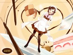 Rule 34 | 1girl, apron, bad id, bad pixiv id, brown eyes, brown hair, cake, checkerboard cookie, cookie, food, hairband, in food, legs, maid, maid apron, mary janes, milestone celebration, mini person, minigirl, on plate, original, pantyhose, pastry, plate, pocky, shoes, short hair, solo, zpolice